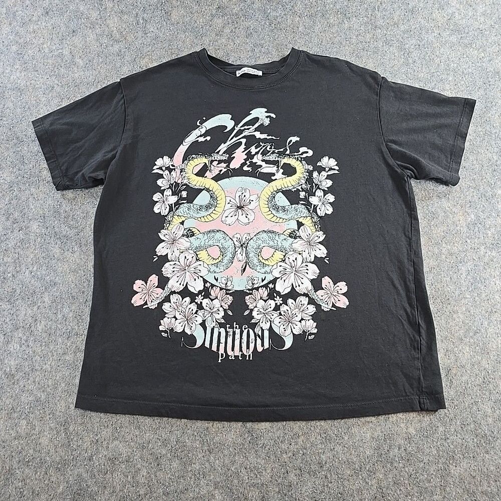 Bershka Black T Shirt Mens XS Snakes Flowers "Choose the Sinuous Path" Graphic